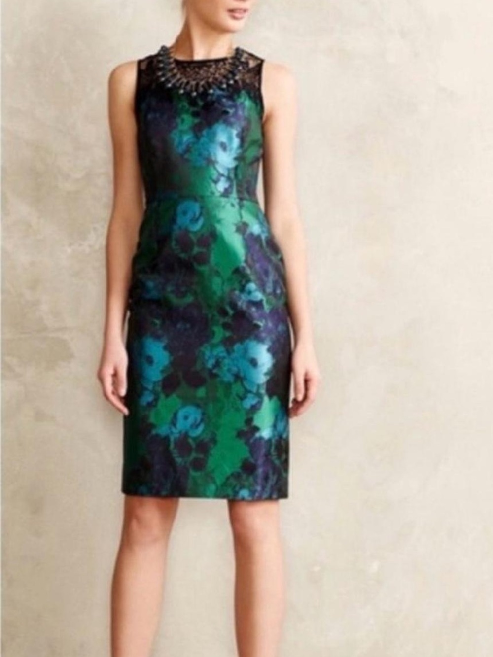 Leifsdottir Green and Blue Floral Sheath Cocktail Dress with Lace • 0P